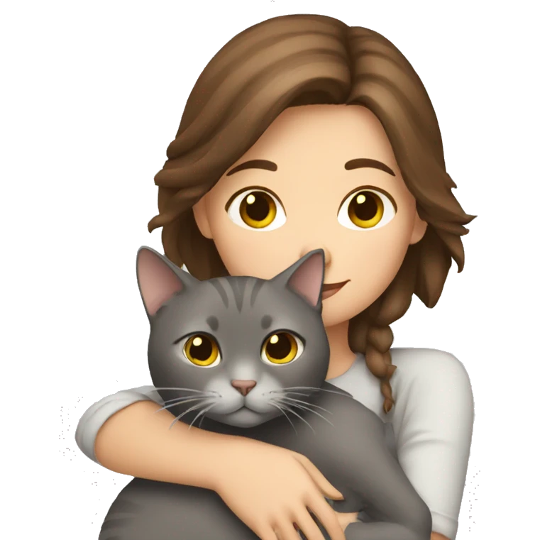Brown hair Girl hugging grey cat emoji