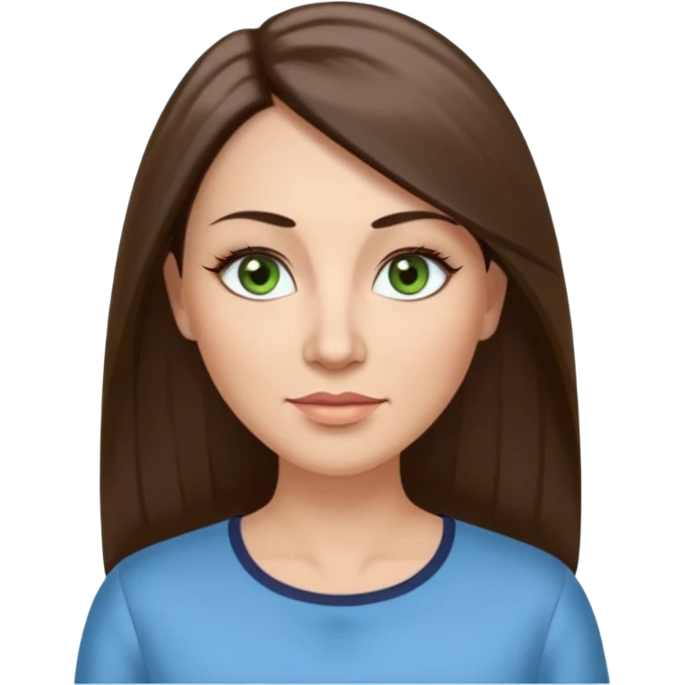 43 year old Adult woman avatar, light skin tone, long, oval face, long straight ashy brown hair, green almond-shaped eyes with dramatic eyelashes and minimal eyeliner, neutral mouth, medium straight eyebrows, small nose, smooth skin, sky blue blouse emoji