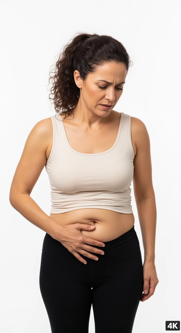 DONNA 50ENNE CON INTESTINO DOLORANTE VISIBILE, iperrealistico 4k, ISOLATA SU SFONDO BIANCO emoji