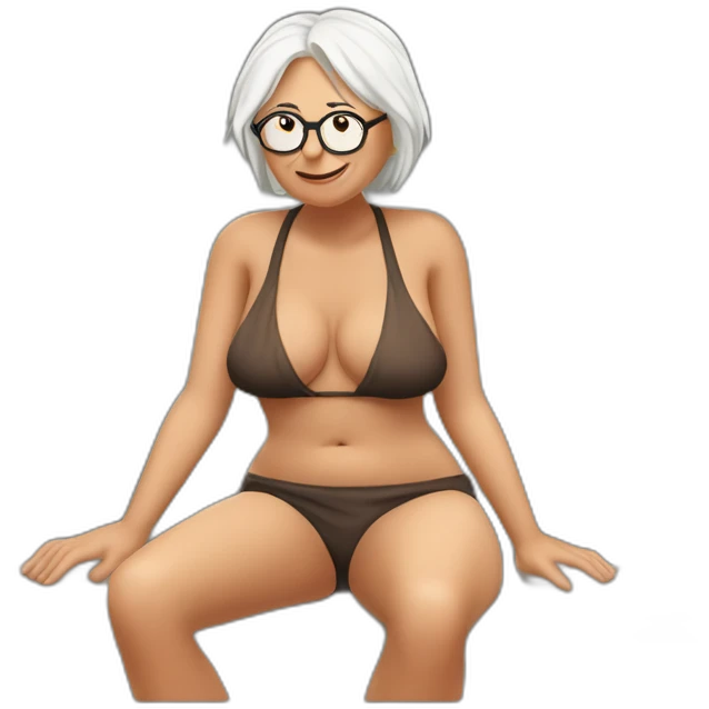 bernie sanders wearing string bikini top and a skirt sitting acting out that scene from basic instinct sitting facing forward legs apart(full body, ios17) emoji