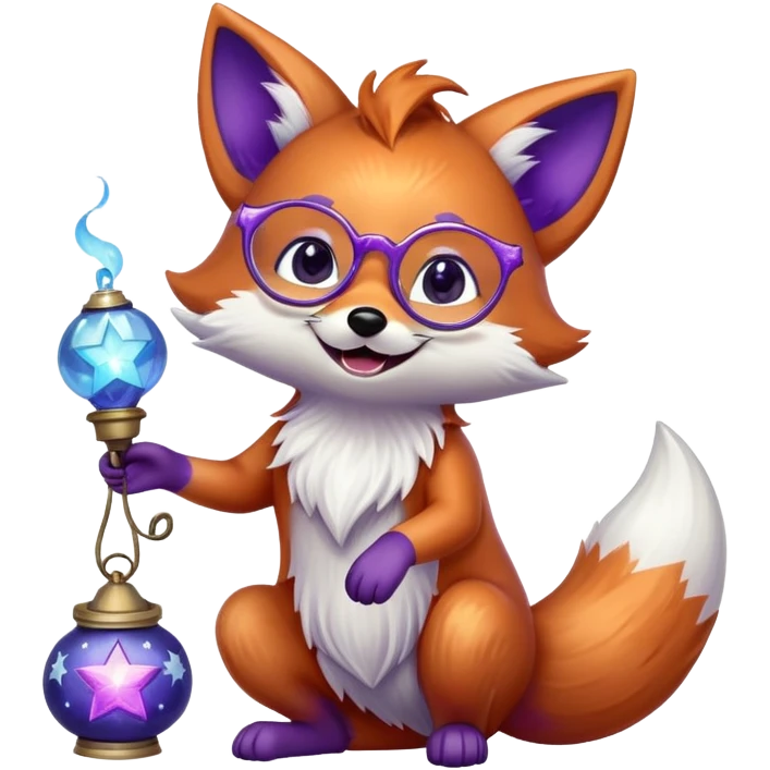A small magical fox with shimmering purple and blue fur, a glowing fluffy tail, a silver star on its forehead, and round glasses, holding a tiny magical lantern, rolling on the floor and laughing uncontrollably. 🦊🤣 emoji