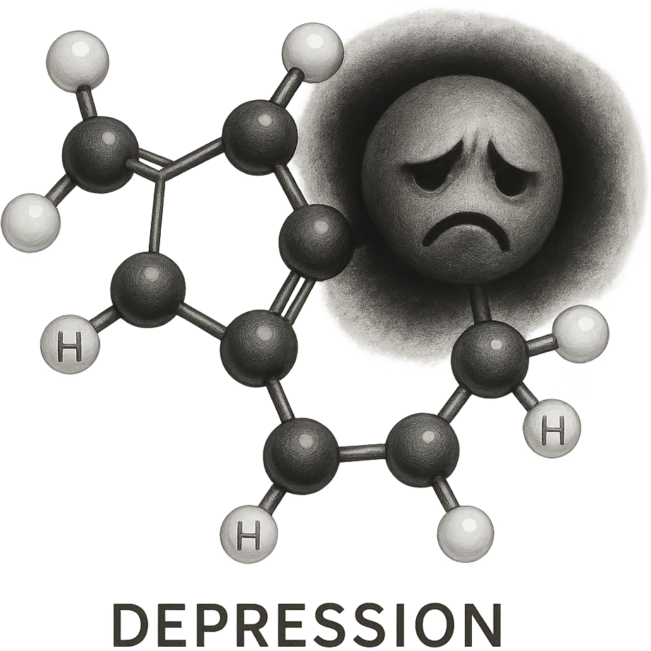 hyperrealistic illustration of a hormone activating depression, symbolically represented as a molecule with dark areas or shadows, medical and clean style, white background emoji