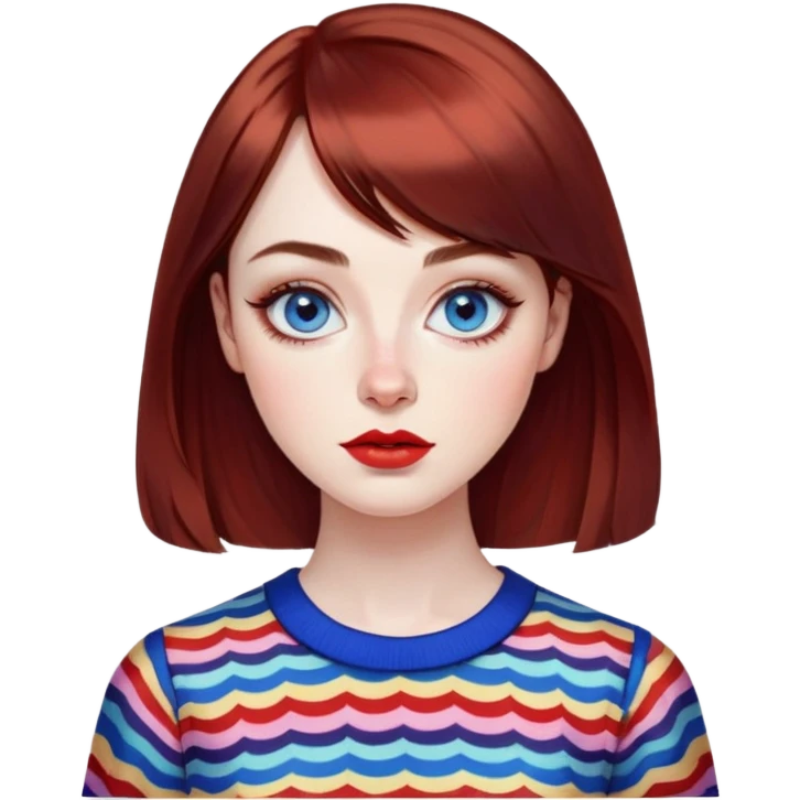 Artistic young woman with pale skin, oval face, large expressive blue eyes with eyeliner, thin arched eyebrows, small nose, full lips with red lipstick, dark auburn hair that's straight with slight waves at ends, straight bangs, wearing a bright colorful patterned top, warm creative expression emoji