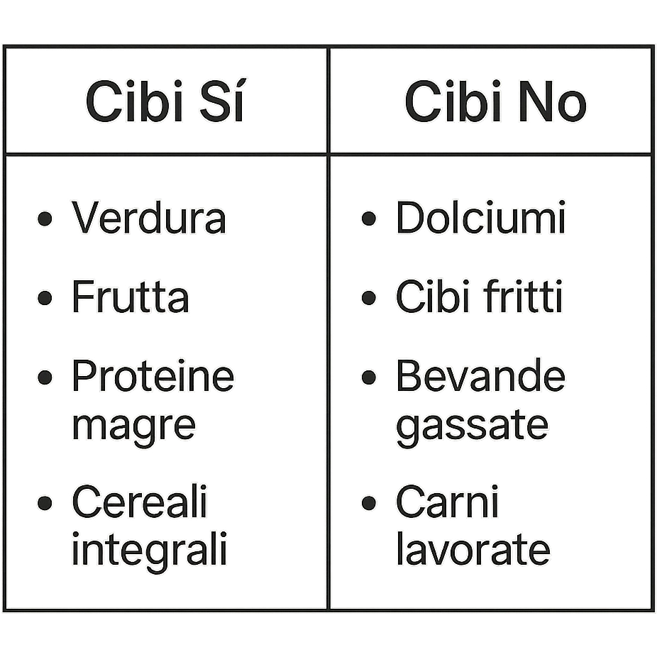 DUE TABELLE CON LINEE GUIDE DI CIBI SI E CIBI NO emoji