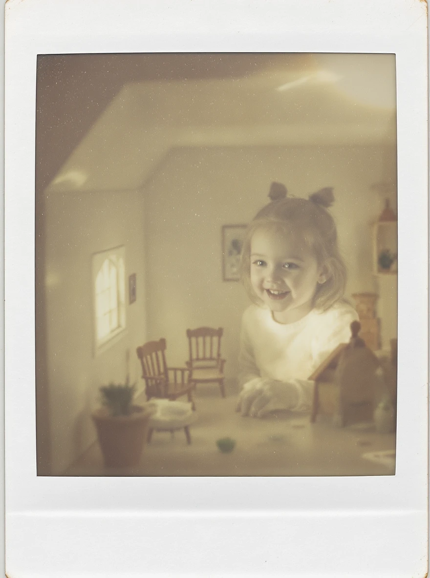 smiling girl arranging furniture in doll house emoji