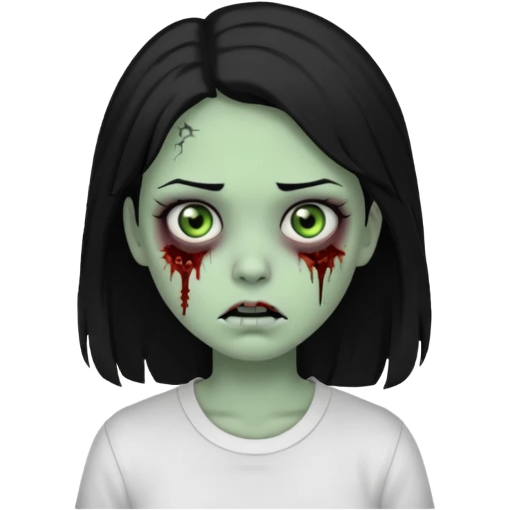 zombie girl with white shirt but similar to this with green skin black hair long emoji