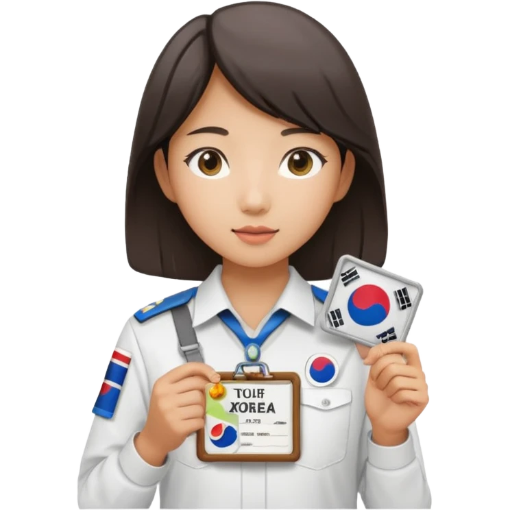 A young Asian guide holding her tour license in both hands, wearing a white shirt with the South Korea badge on her chest. emoji