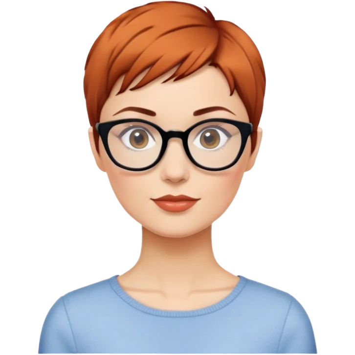 woman in her 30s with auburn pixie cut (side part) and glasses emoji