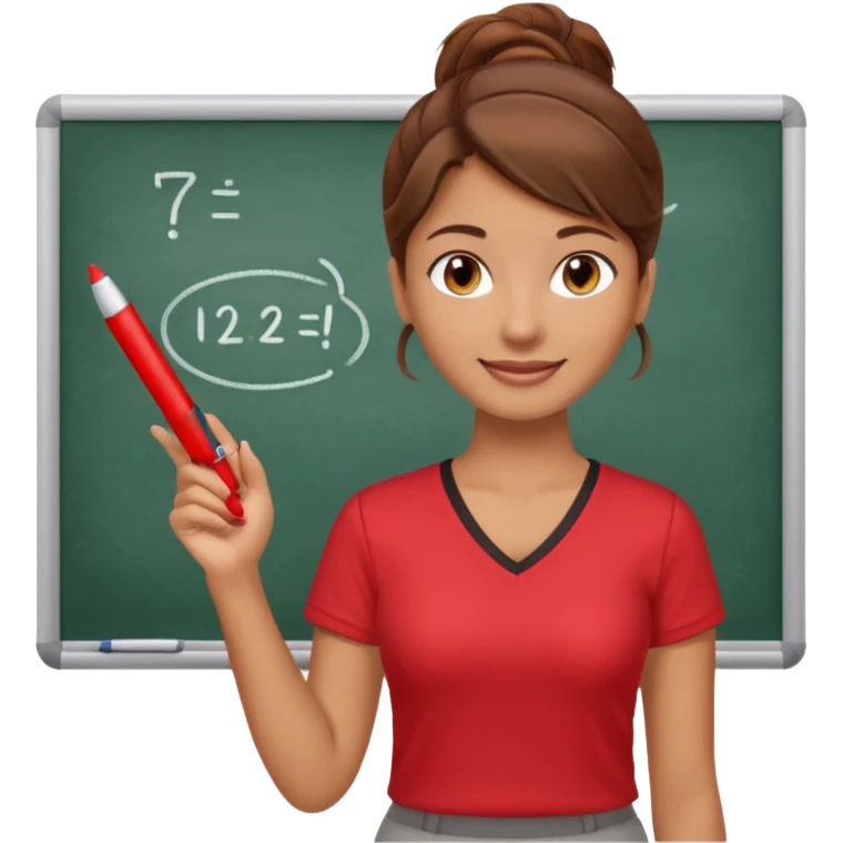 Happy instructor female brown hair whit board hair up red shirt emoji