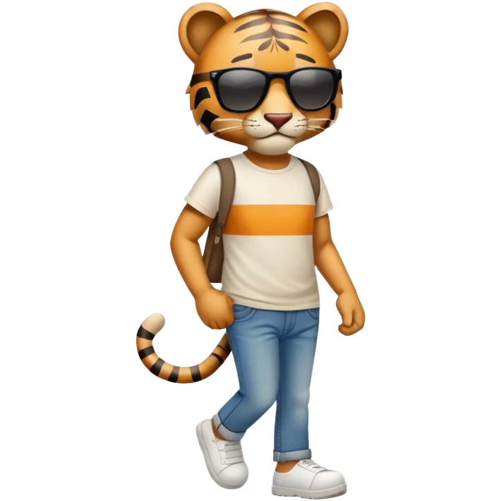 anthropomorphised tiger in a band t-shirt and jeans with sunglasses walking upright, relaxed pose emoji