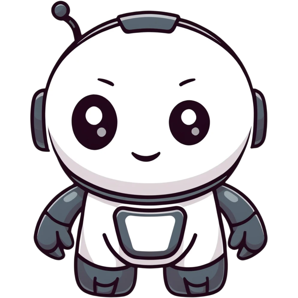 friendly modern face of a black robot with bright white led eyes, smiling, non-threatening emoji