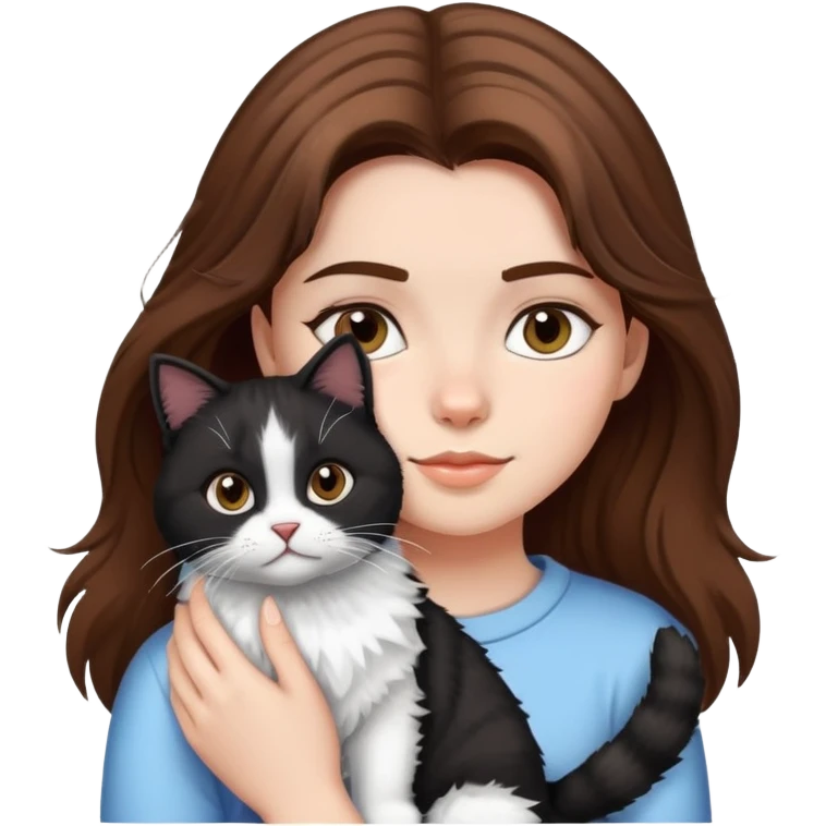 girl with brown hair and her black and white fluffy cat  emoji