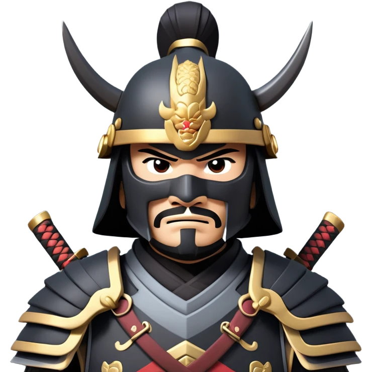 clash-of-clans-aesthetic_-cinematic-fearsome-and-majestic-samurai-bust-portrait-emoji, rendered in a flat, vector-style with minimal shading and bold, simplified shapes typical of emoji art, depicting a battle-hardened samurai with black mask and traditional black Japanese armor. The samurai is riding a noble grey warhorse adorned with an intricately designed saddle and fluttering banners and a rising sun. a samurai riding on a  horse zoomed in emoji