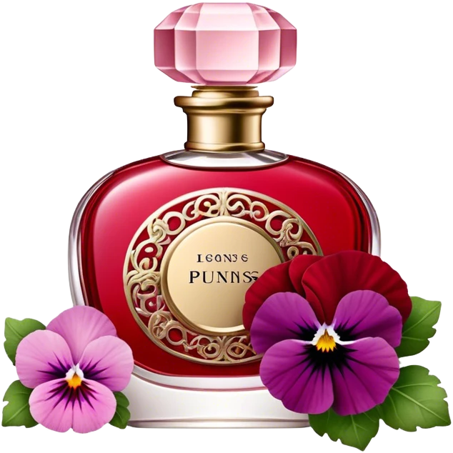 "An antique-inspired red perfume flacon with intricate details rests among blooming quartz pink pansies. The scene exudes timeless elegance with a touch of rustic beauty." emoji