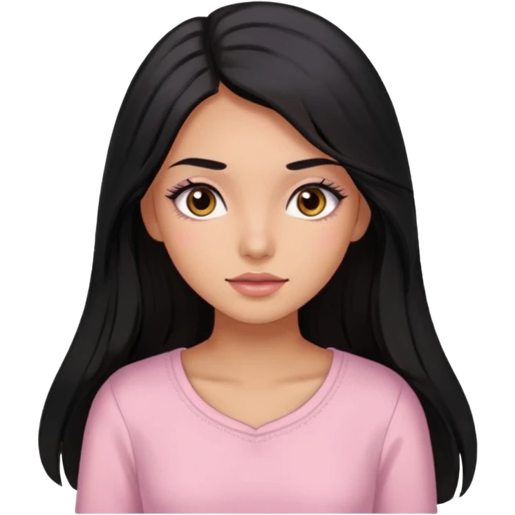 Una chica trigueña con cabello negro y largo, ojos cafés de pestañas largas, blusa rosa pastel  emoji