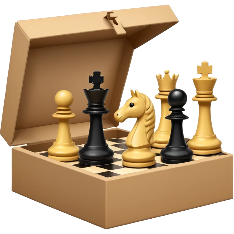 chessboard peeking out from elegant open cardboard box, chess pieces flying around, emoji style emoji