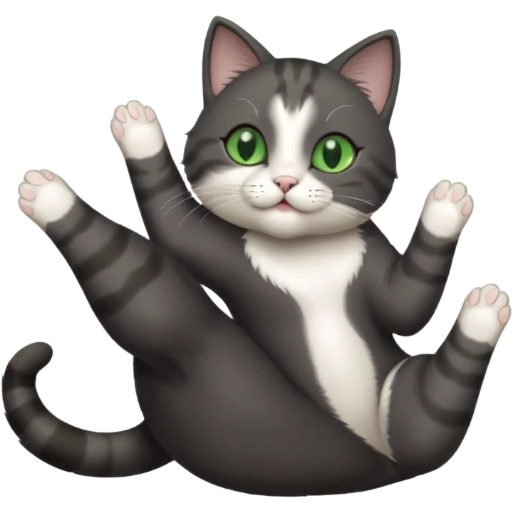 beautiful female solid dark grey cat with green eyes, white toes/paws and white patch on her chest playfully rolling upside down emoji