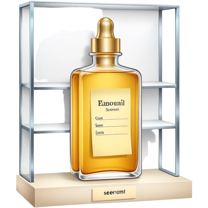 luxury serum bottle with luxury brand label on a shelf, blank sticky note next to it emoji