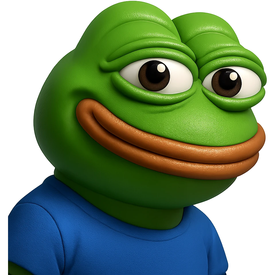 pepe in
- 3d style
- bright green
- blue shirt
- smiling
- looking straight at the camera
- good highlights and shadows
- 30deg angled towards the right emoji