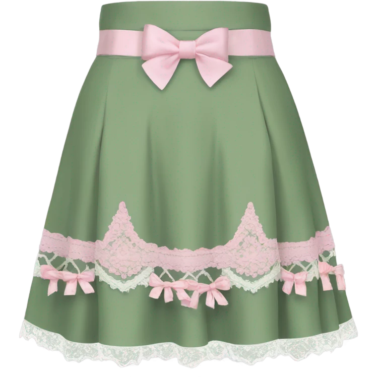 Sage green a-line mini skirt with pink lace and bows and embroidery, isolated emoji