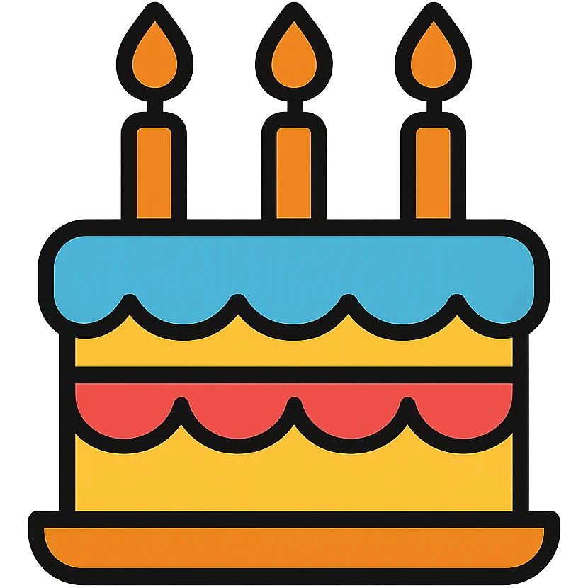 A birthday cake with lit candles and decorative frosting emoji