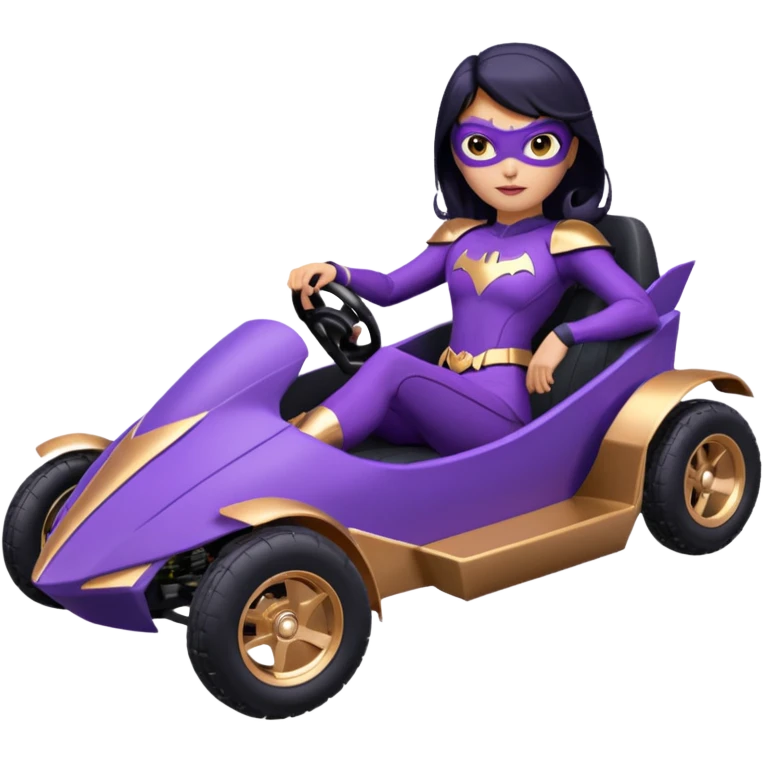 Hot full size real-appearance racing action BatGirl’s Lego feminine midnight-purple tight outfit sixty’s tv show 1992 stealthy retro sporty petite off-road pursuit hovering hover cruiser car rose gold accents (black hair,reclined and relaxed seating position) go kart emoji