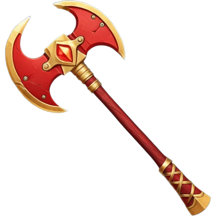 Ares battle axe object icon, ancient Greek war god axe, double-bladed heavy axe, red and gold metal, battle-worn scratches, glowing red accents, 3D cartoon, mobile game icon style, centered, clean background, soft shadow, no text, no watermark

 emoji