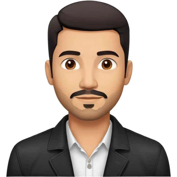 Attractive Hispanic TV host in his mid to late 40s with light brown skin, short straight black hair with pronounced fade haircut, stubble/scruff facial hair instead of full beard, square handsome face with strong jawline, friendly expression, wearing open black jacket with white buttoned shirt emoji