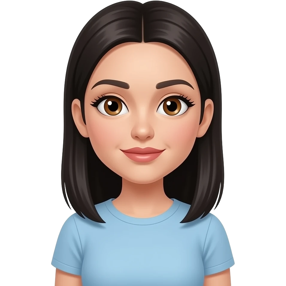 white girl, very beautiful woman, with big plump lips, long long lashes, black straight hair medium length with hair tucked behind ears, brown eyes, light blue tshirt emoji