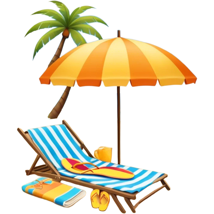 Icon for Beach Tourism: with the blue ocean, orange sunset, yellow sand beach and palm trees in the background, a sun umbrella, flip-flops, and a beach towel on the sand. The icon should represent relaxation and fun at the beach. Transparent background emoji