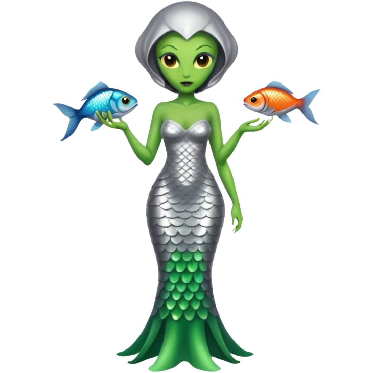 Green Alien woman with fish scales in silver dress, full figure, yellow eyes emoji