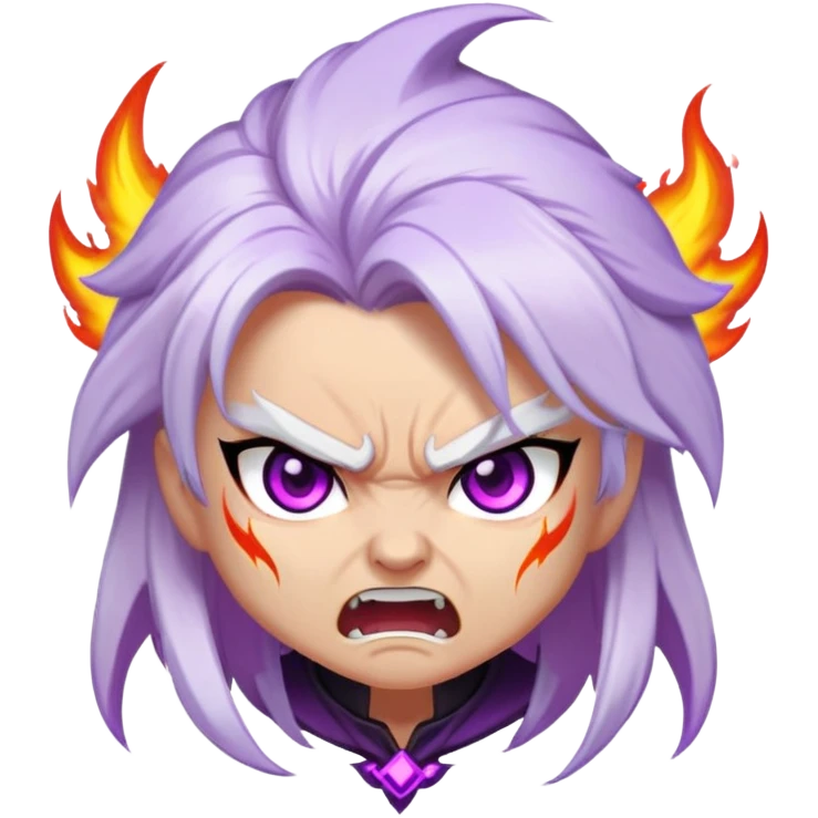 Chibi Sable Ward with rage expression, furious face, glowing purple eyes, white hair with purple streaks, flaming effect around her, angry expression emoji