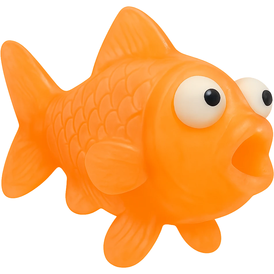 Remove any background completely so the clownfish is isolated with full transparency. Keep the clownfish turned away slightly more from the camera, make the body very transparent and see-through, no shadow on the ground, bright orange, semi-transparent plastic, retro 90's toy style, derpy eyes, soft plastic, soft reflections, soft and squishy, some cloudiness, not shiny, highly detailed, appealing. Render in a style that evokes a retro 90's soft plastic toy with semi-transparent, squishy, and cloudy appearance, bright orange color, and derpy eyes. emoji