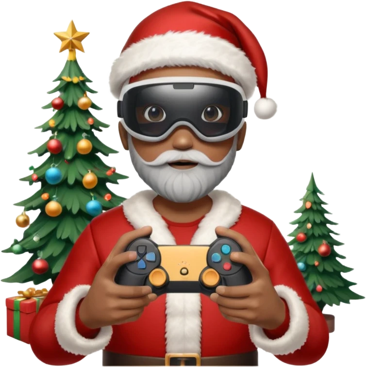 Homme photographe noir, week-end détente, équipé d’un appareil photo pro. Dans un décor Noël chaleureux, Père Noël à côté, sapin illuminé, lumières douces. L’homme porte un casque VR autour du cou ou sur la tête, et une manette PS 2025 dans la main libre. Ambiance festive, réaliste, couleurs nettes emoji