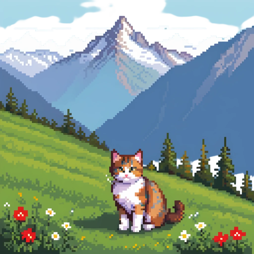 cat on an alpine meadow with Swiss mountains in the background emoji