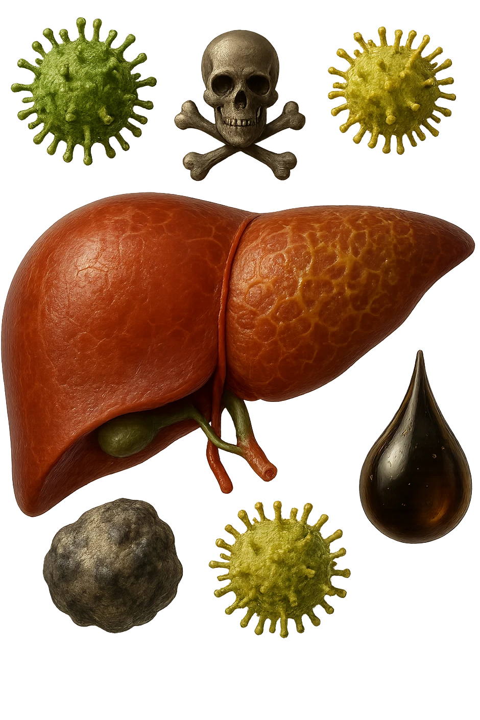 fegato umano anatomico con tossine che gli fluttuano intorno, iperrealistico 4k emoji