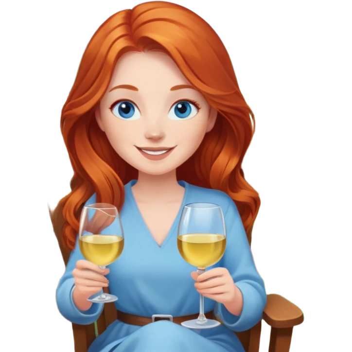 Happy redhead with long hair and blue eyes holding white wine sitting in chair fire pit emoji