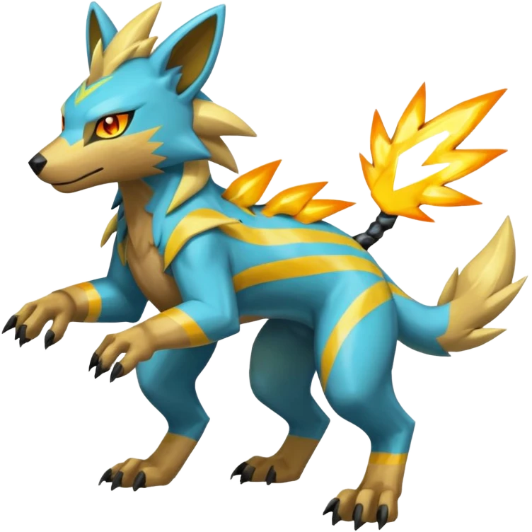 Cyan manectric-Electrike-Zeraora-fusion with neon-green stripes and orange eyes (full body) emoji