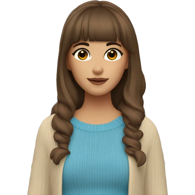 A girl with brown hair, with bangs to the right and left, in a beige sweater in the Atomy cosmetics store with blue booves emoji