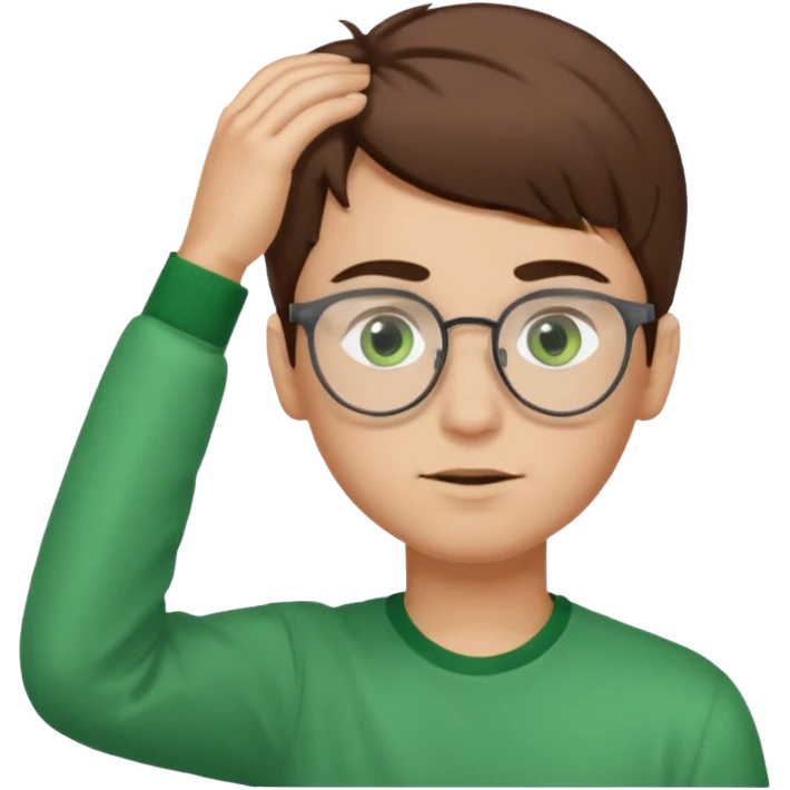Boy with brown hair green eyes light skin think eye brows and glasses fixing his hair  emoji