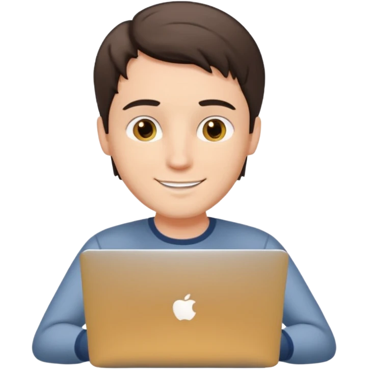 A white brunette man in his mid 20s, middle parted short hair, average dude with slightly droopy eyes, happy, using a silver laptop (no logo) emoji