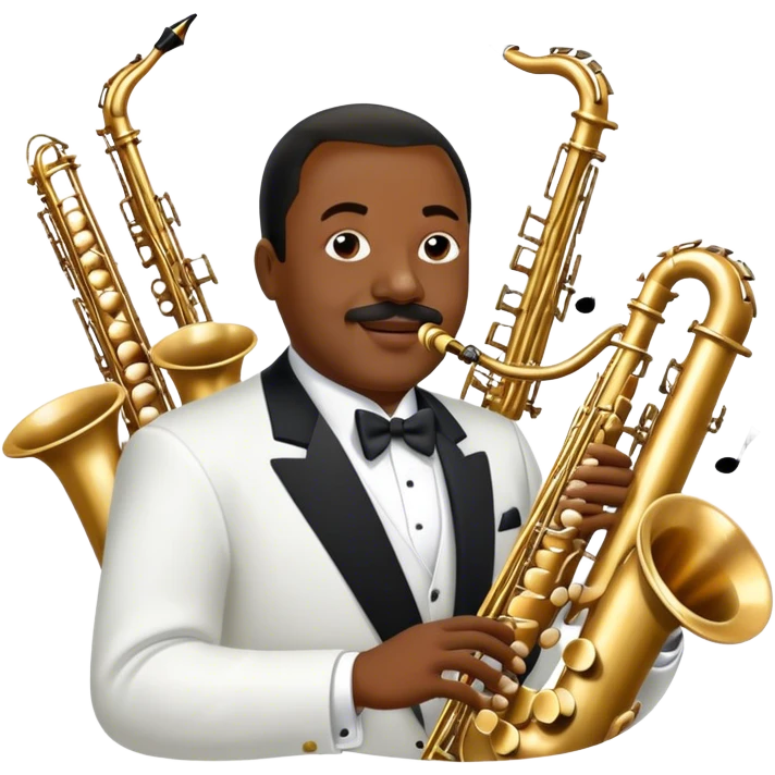 Icon for Jazz Music: Count Basie Orchestra, with Count Basie at the piano surrounded by jazz musicians playing instruments like saxophones, trumpets, and drums. Floating musical notes should capture the energetic and smooth vibe of big band jazz. Transparent background. emoji