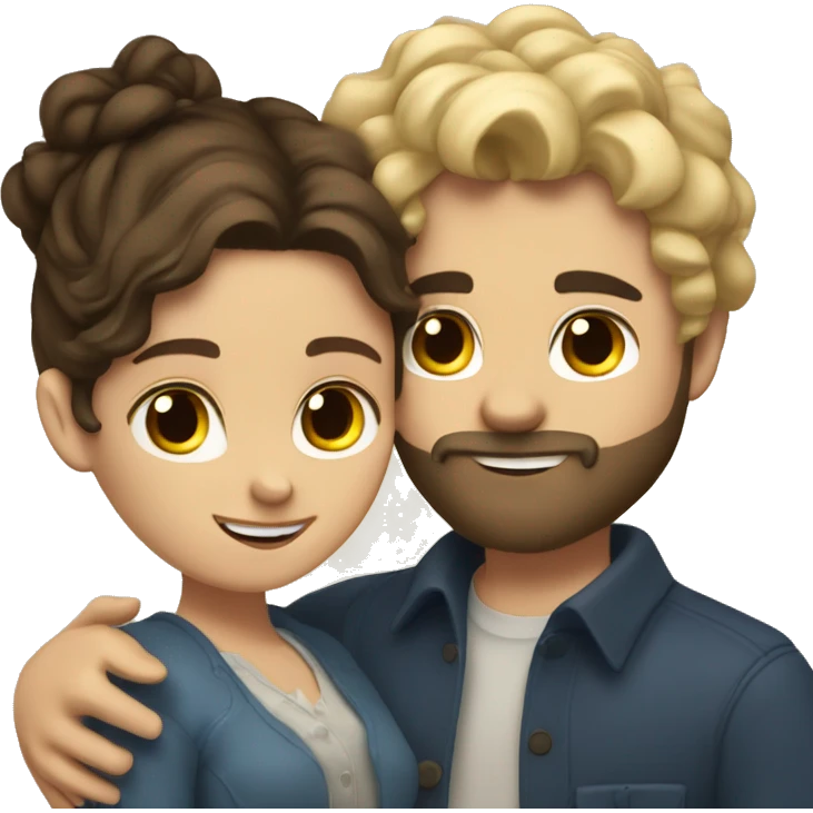 Brunette girl with wavy hair hugging blond boy whit a beard lovingly couple emoji