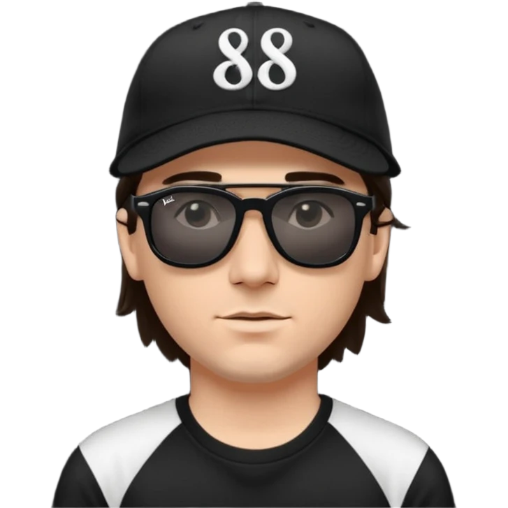 “Emoji of a white man with dark brown hair under a black baseball cap, wearing a black t‑shirt and 1980s‑style black Ray‑Ban rectangle sunglasses, with black musical notes floating around his head,  emoji