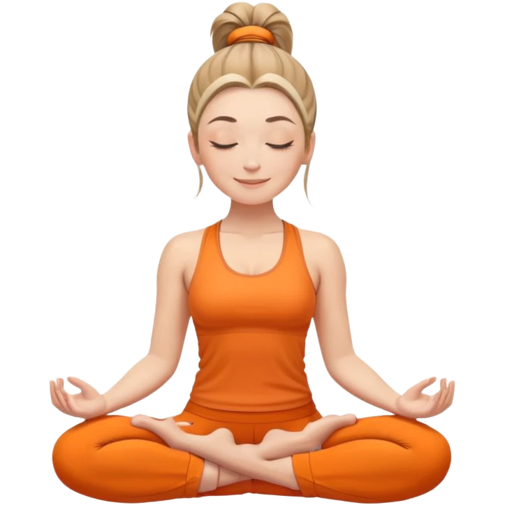 white woman with ponytail hairstyle, sitting in lotus position, eyes closed with a subtle happy smile, wearing orange yoga outfit emoji