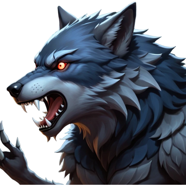 cinematic-noble-fierce-werewolf-howling-portrait-emoji, poised-and-imposing, with a fierce wolfish face tilted upwards in a haunting howl, glowing eyes full of primal ferocity, sharp, elongated fangs bared, and a rugged snout, fur rippling in shades of midnight black and silver, muscles tensed as the powerful howl echoes beneath the moonlit sky; rendered with realism, capturing the raw, untamed power of the beast in its wild, primal state emoji