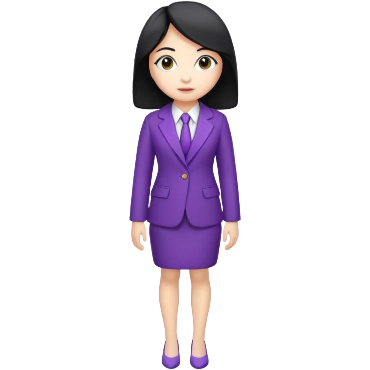 a full body mascot emoji of an Asian female with white skin, big eyes, middle-length black hair which is right at the shoulder, wearing purple business coat and formal suit. Cartoon style. Based on https://attic.sh/fo2aiwi8rc6a78g57vqif7y6z117 emoji
