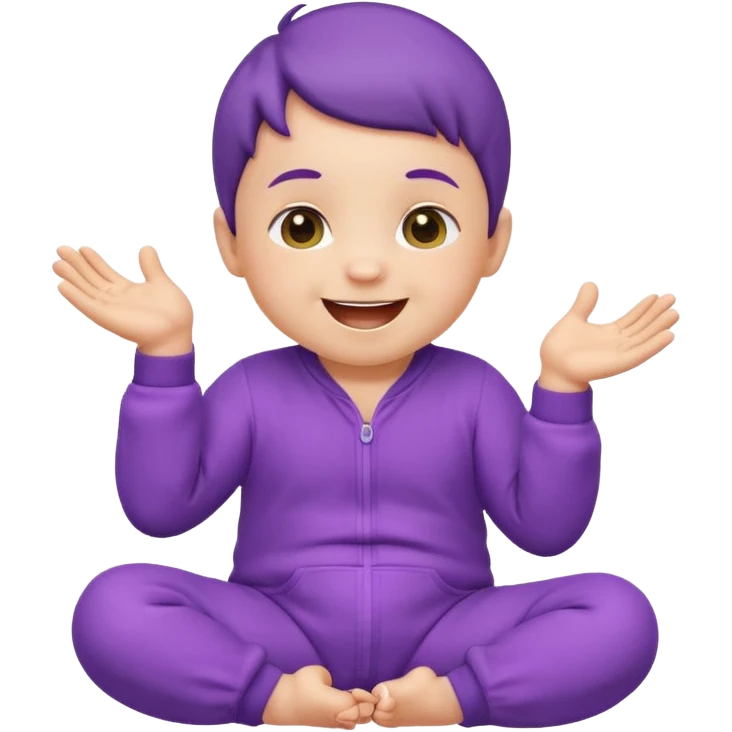 Apple-style emoji of a baby wearing a purple onesie, sitting and laughing joyfully, with hands down. emoji