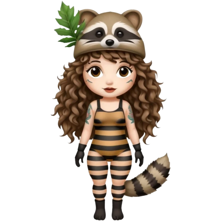 full body woman long curly brown hair brown eyes white skin tattoos wearing raccoon hat and striped leaf bodysuit emoji