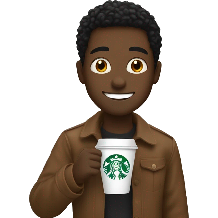 A young black man drinking Starbucks, coffee waving emoji